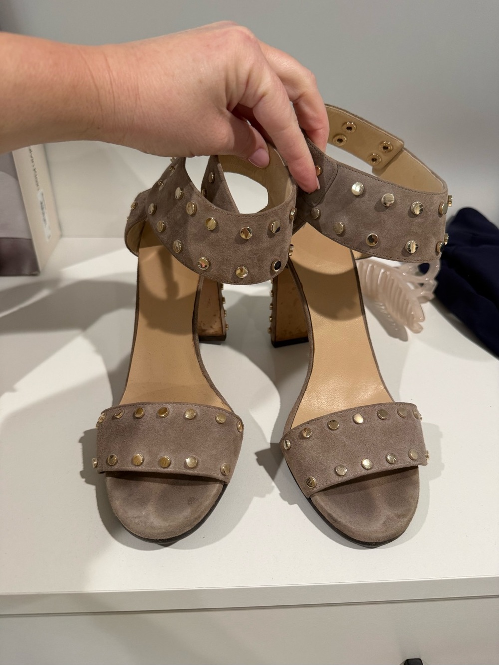 Jimmy Choo Taupe Suede Studded Block Heel Sandals